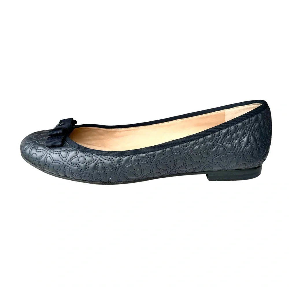 Tory Burch Marion Quilted Navy Blue Flats Leather Bow Detail